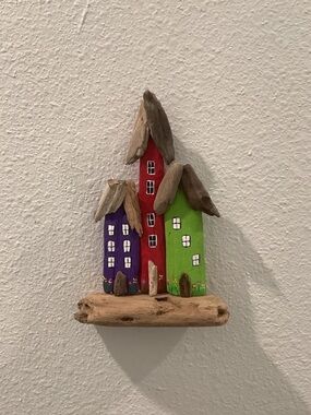 Driftwood Art, Driftwood Flower Garden Painted Houses, Driftwood Coastal Art